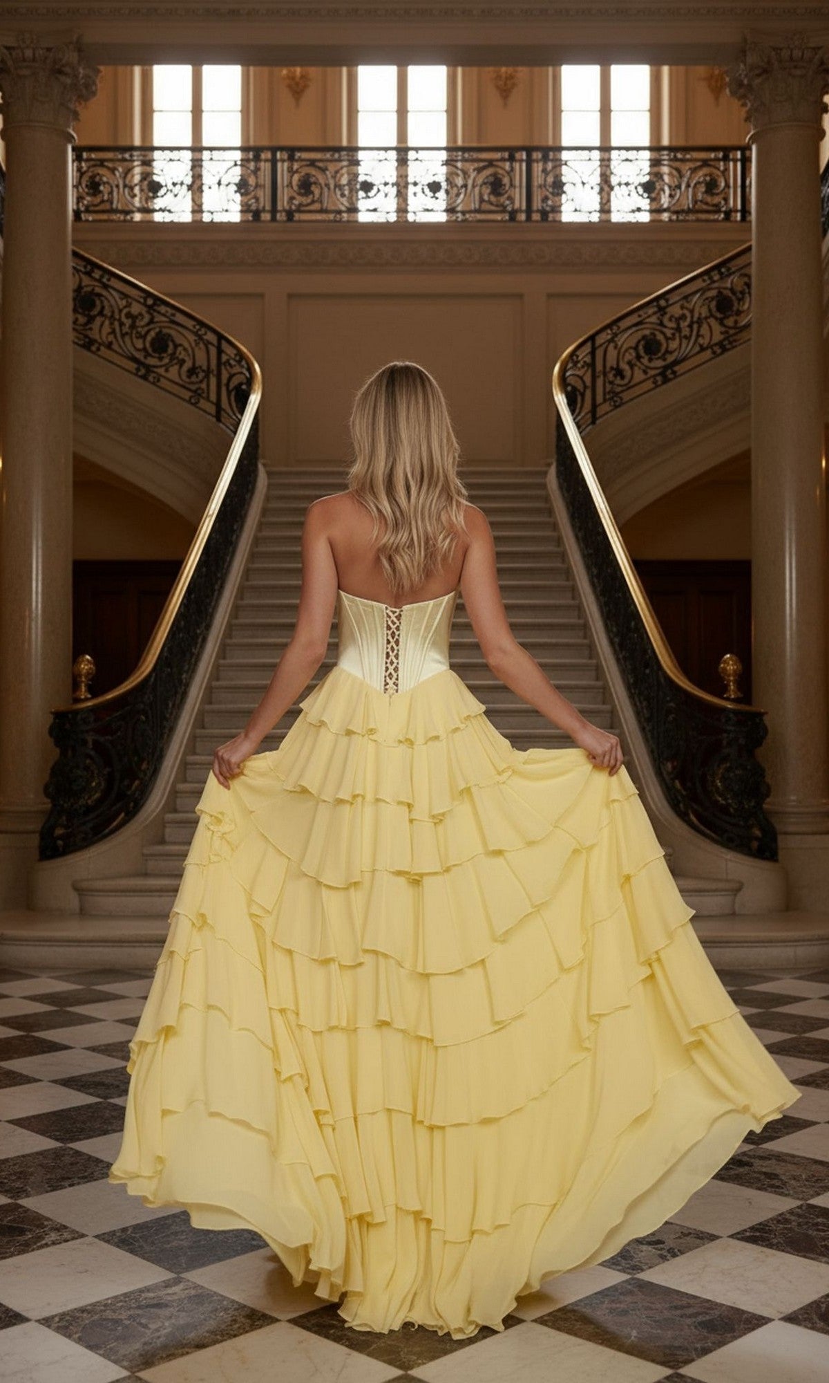 Wearing the Long Prom Dress: Poly USA 25176, a woman in a layered yellow chiffon gown with a corset bodice stands with her back to the camera, framed by an elegant building’s grand staircase.